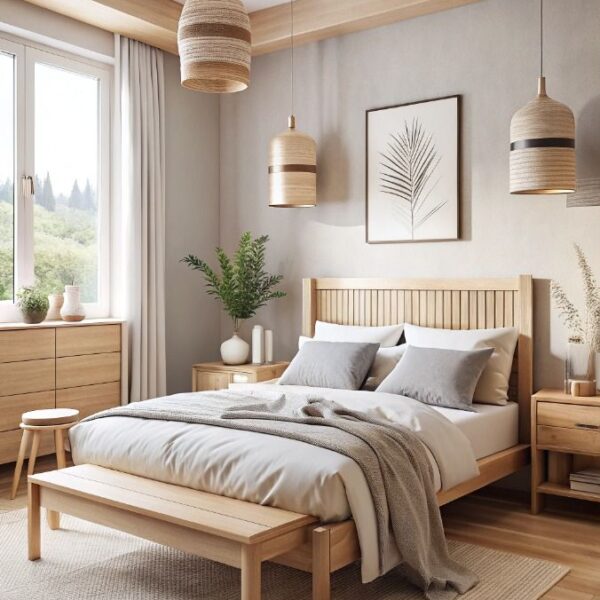 A Scandinavian bedroom with light wood furniture…